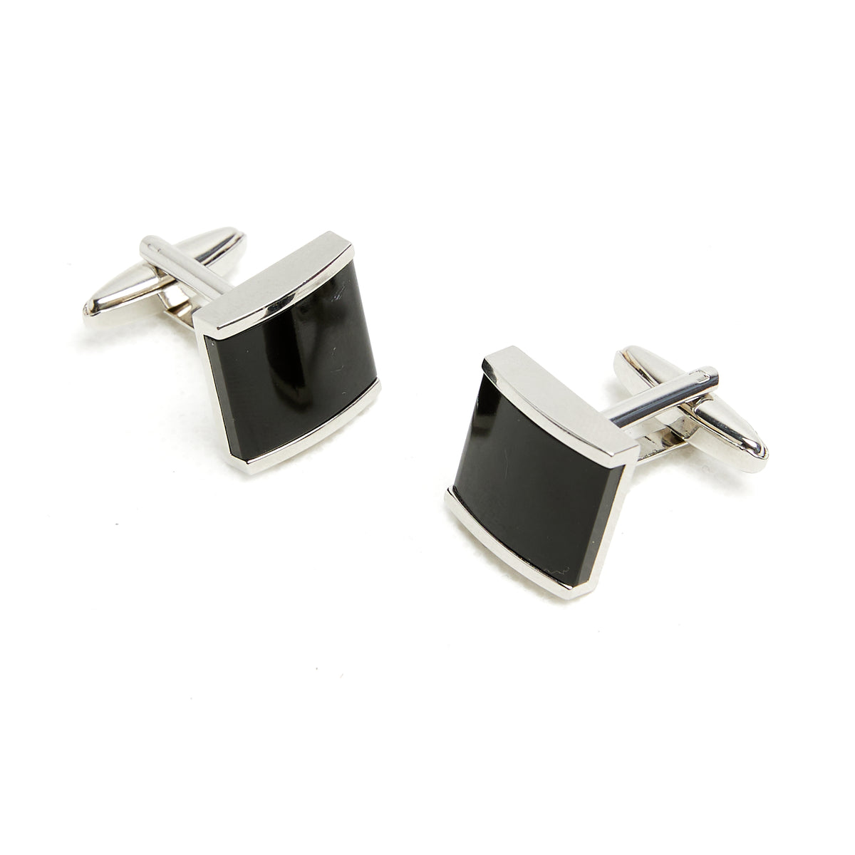 Lupo Bianco Black Enamel & Silver Curved Rectangle Cufflinks